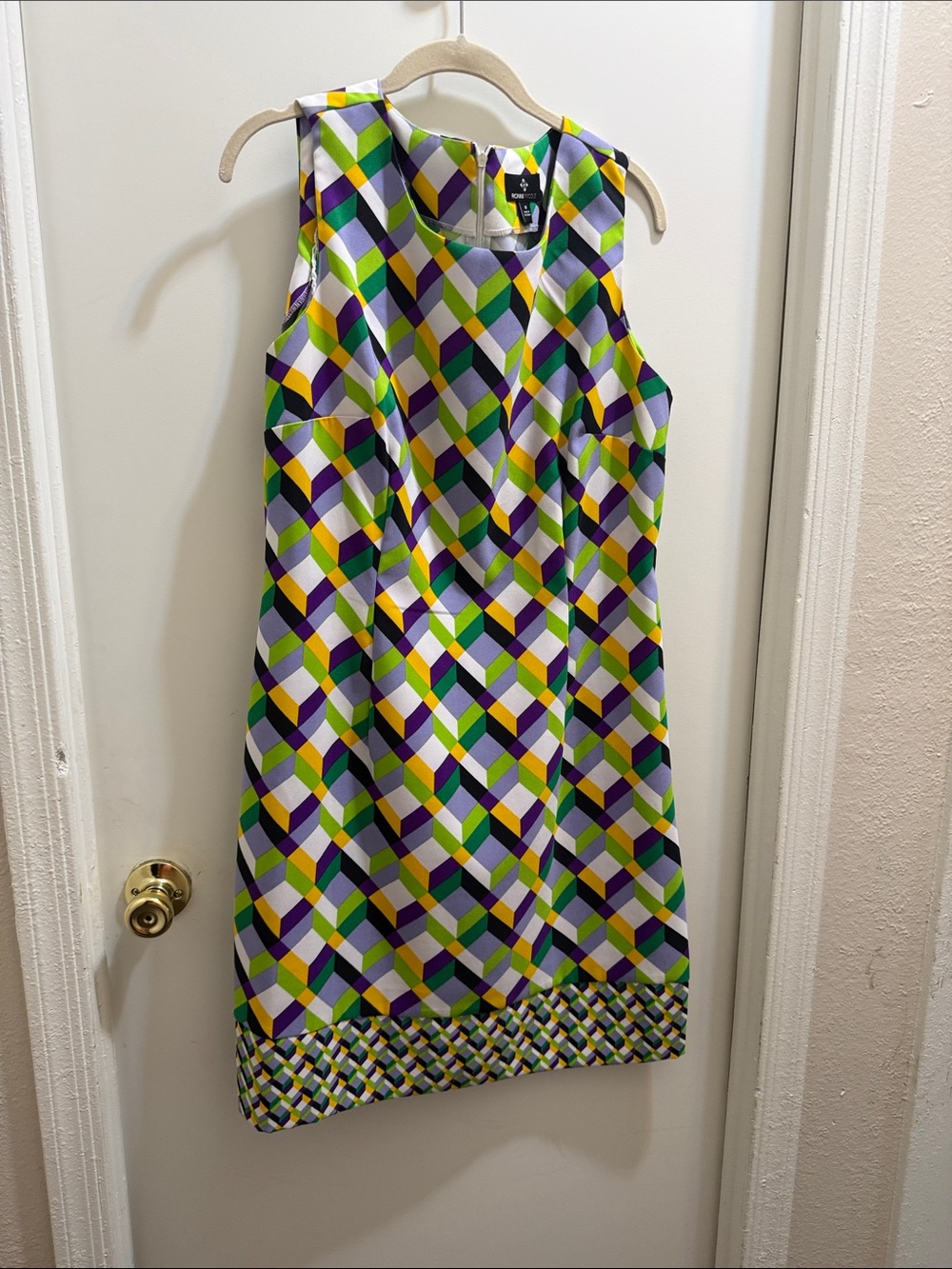 Ronni Nicole Multicolor Geometric Print Dress — White, Green, Purple, Yellow